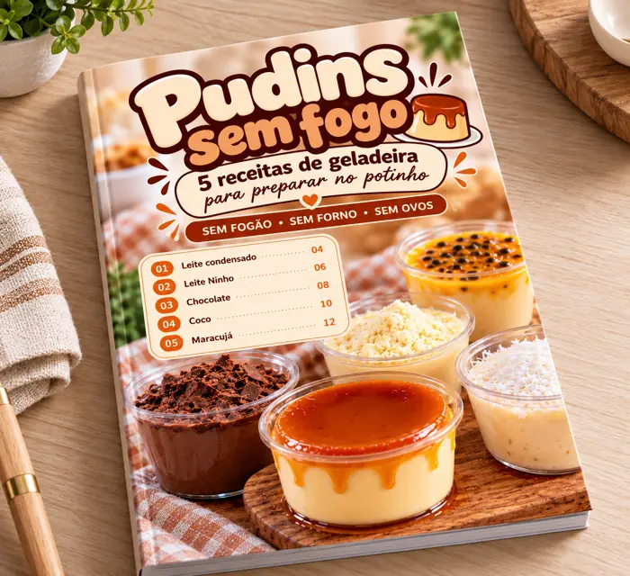 Capa do material Pudins sem fogo, com cinco potinhos de pudim: leite condensado, leite ninho, chocolate, coco e maracujá