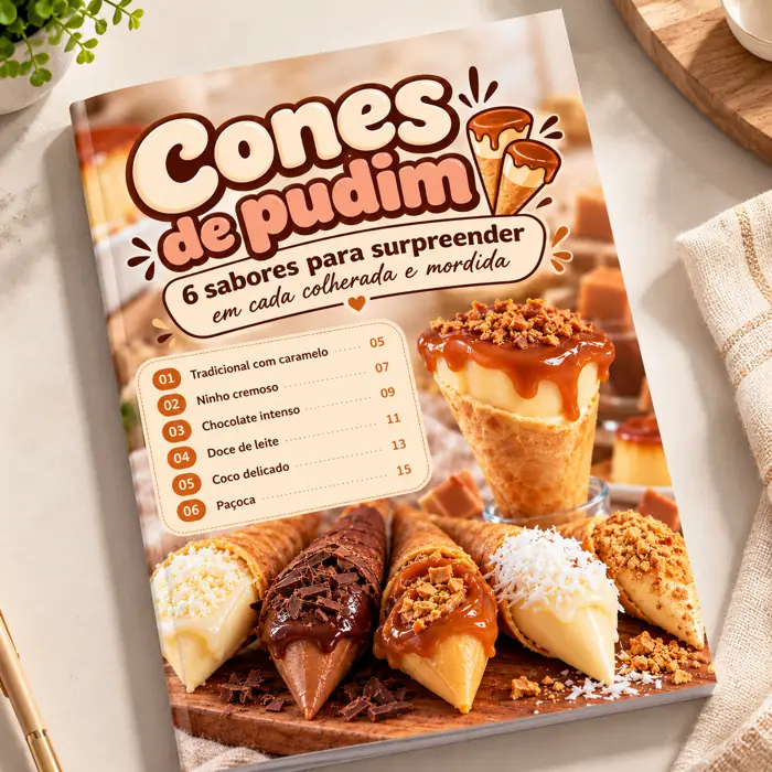 Capa do material Cones de pudim, com seis cones recheados: tradicional com caramelo, ninho, chocolate, doce de leite, coco e paçoca